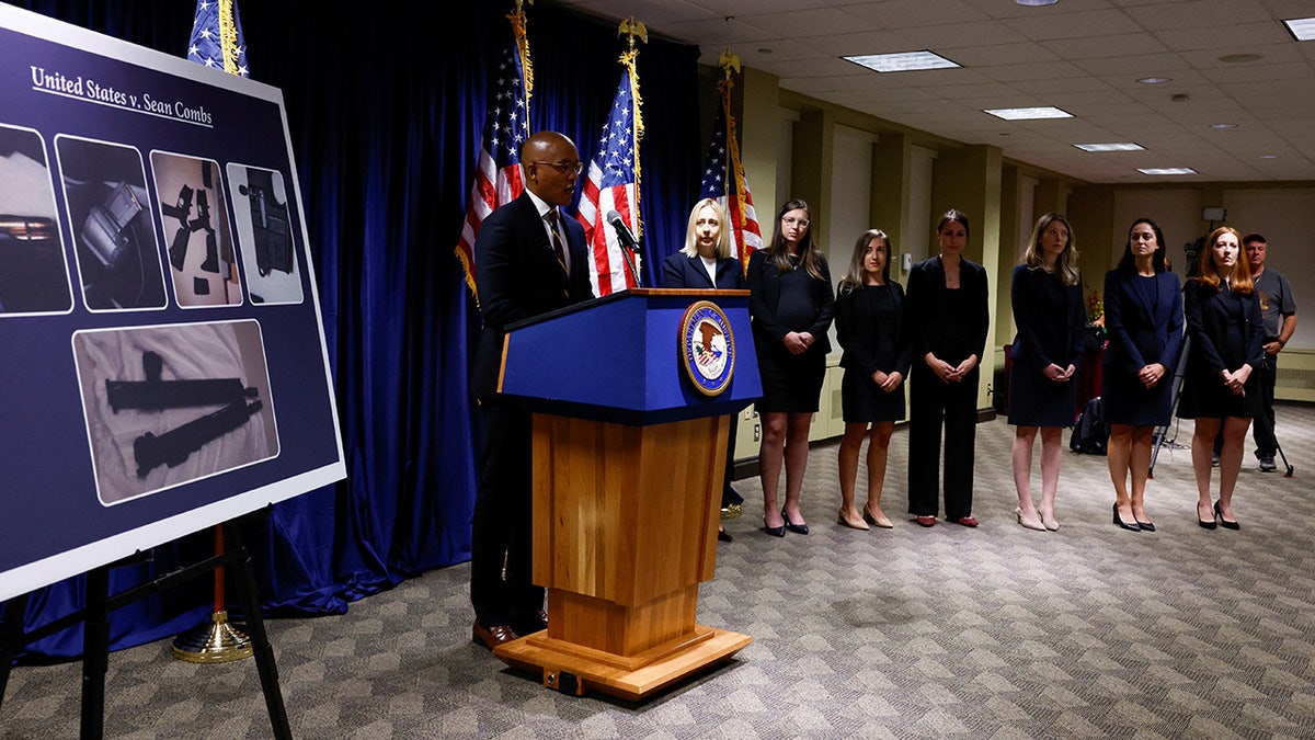 Damian Williams speaks at a press conference to announce the unsealing of an indictment charging music mogul Sean "Diddy" Combs