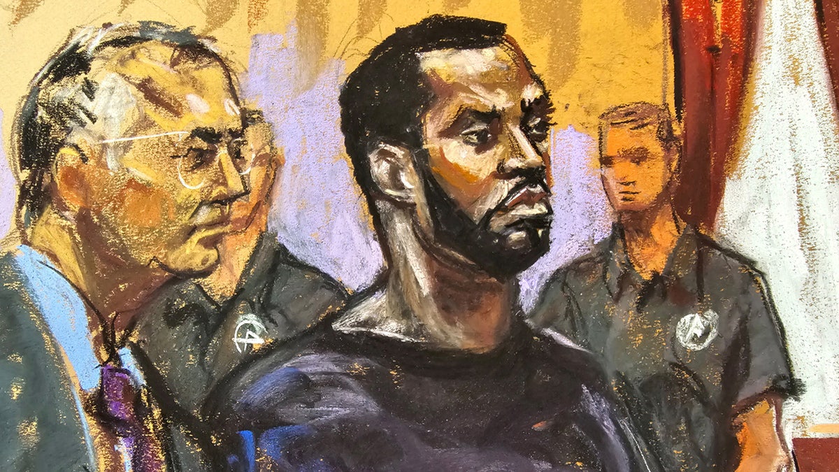 Boceto del tribunal federal de Sean "Diddy Combs" y su abogado Marc Agnifilio ante el juez