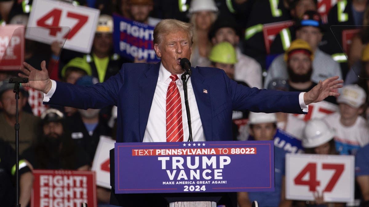 Republican presidential nominee former President Donald Trump speaks during a rally at 1st Summit Arena at the Cambria County War Memorial, in Johnstown, Pennsylvania, on Friday, Aug. 30, 2024.