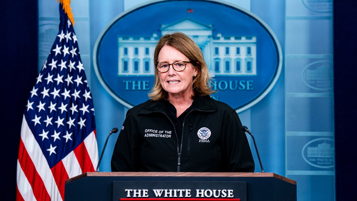 Deanne Criswell, FEMA administrator, speaks during a quality    league  astatine  the White House connected  Thursday, Sept. 26, 2024.