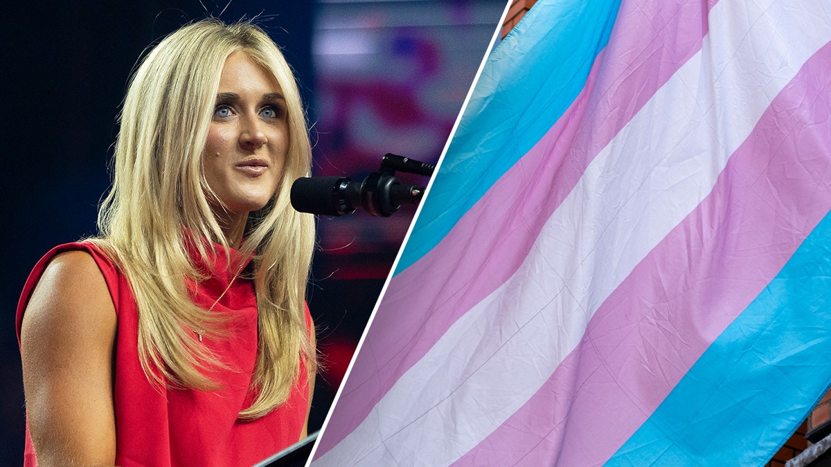 Riley Gaines (left) with the transgender flag