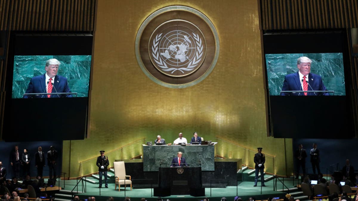 U.S. President Donald Trump addresses the United Nations General Assembly at UN headquarters on September 24, 2019, in New York City.?