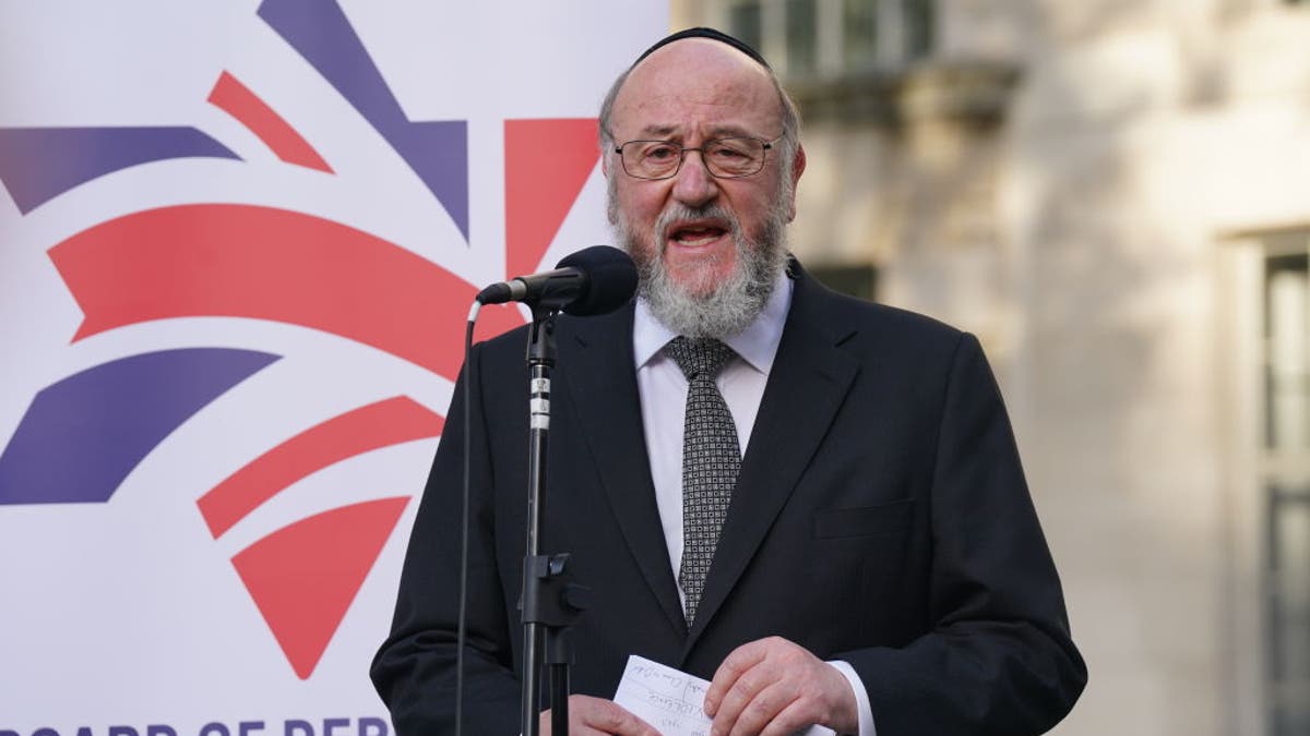 Chief Rabbi Sir Ephraim Mirvis speaks during a vigil outside Downing Street, central London, for victims and hostages of Hamas attacks, organized by The Board of Deputies of British Jews, as the death toll rises amid ongoing violence in Israel and Gaza following the attack by Hamas.