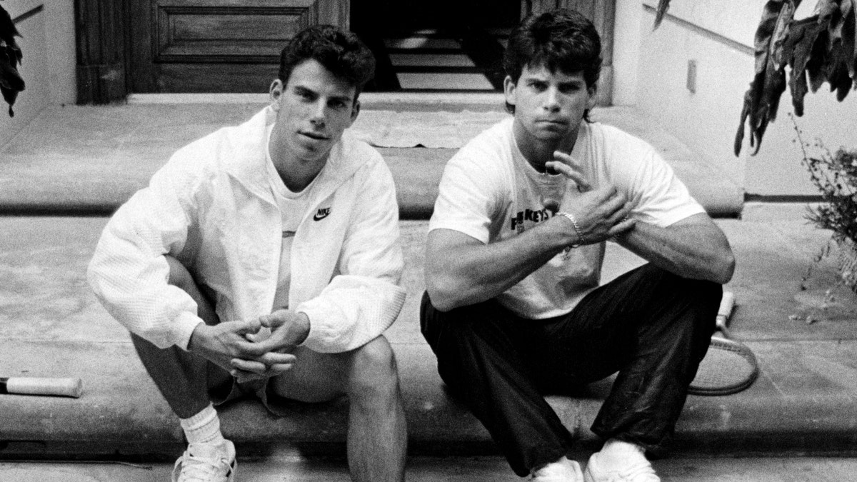 The Menendez brothers, Erik, left, and Lyle on the steps of their Beverly Hills home in November 1989.