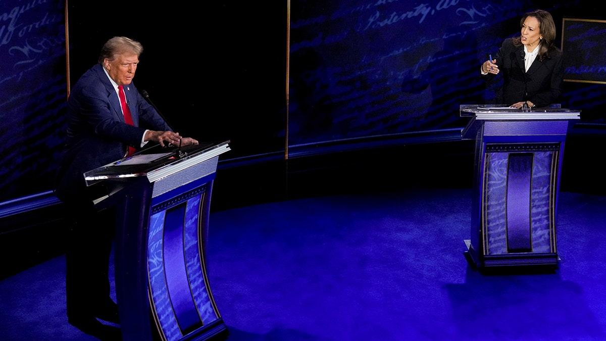 Trump, left, and Harris, right, on ABC debate stage