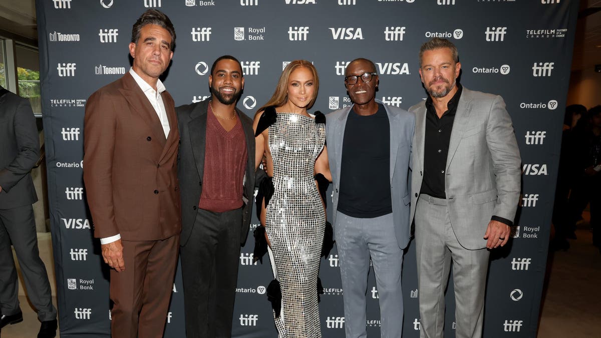 Bobby Cannavale, Jharrel Jerome, Jennifer Lopez, Don Cheadle, and Matt Damon attend the premiere of "Unstoppable" during the 2024 Toronto International Film Festival 