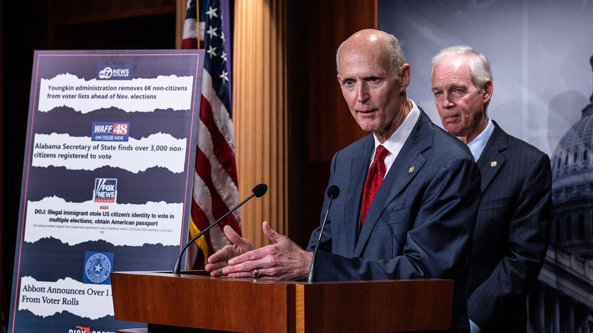 Rick Scotts speaks at a press conference about the SAVE Act