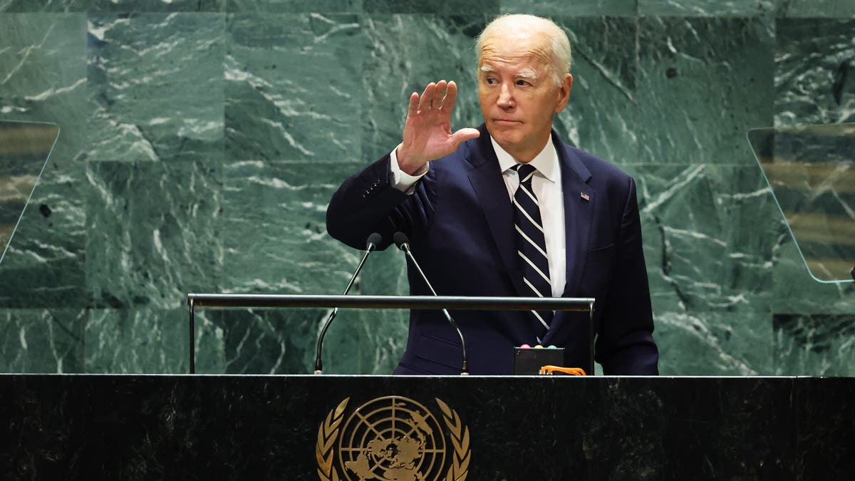 President Biden waves as he leaves the stage during the United Nations General Assembly at the United Nations headquarters in New York City on Tuesday.