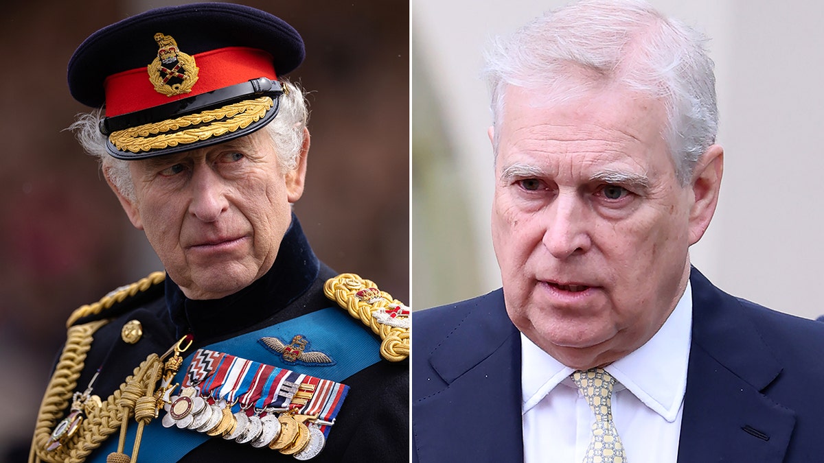 A split side-by-side image of King Charles and Prince Andrew