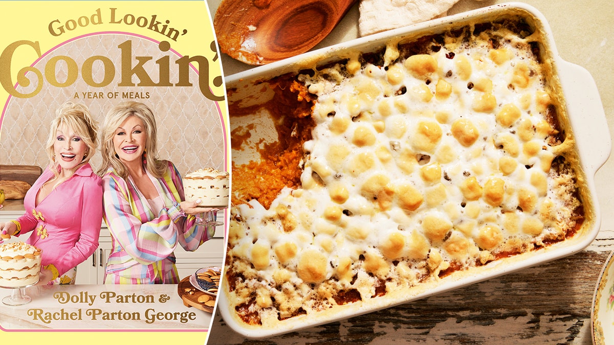 Dolly Parton and Rachel Parton George appear on the cover of "Good looking food." They share their sweet potato casserole recipe with Fox News Digital.