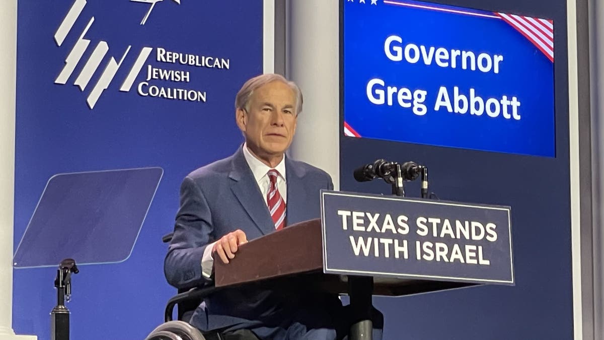 Texas Governor Greg Abbott addresses the Republican Jewish Coalition's annual leadership meeting in Las Vegas, Nevada, on September 5, 2024.