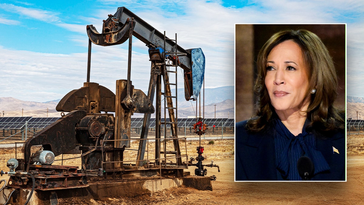 Kamala Harris, inset, pumpjack main   photo