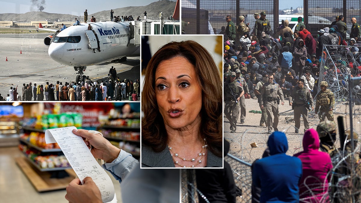 Kamala Harris centro en collage con migrantes, recibo en supermercado