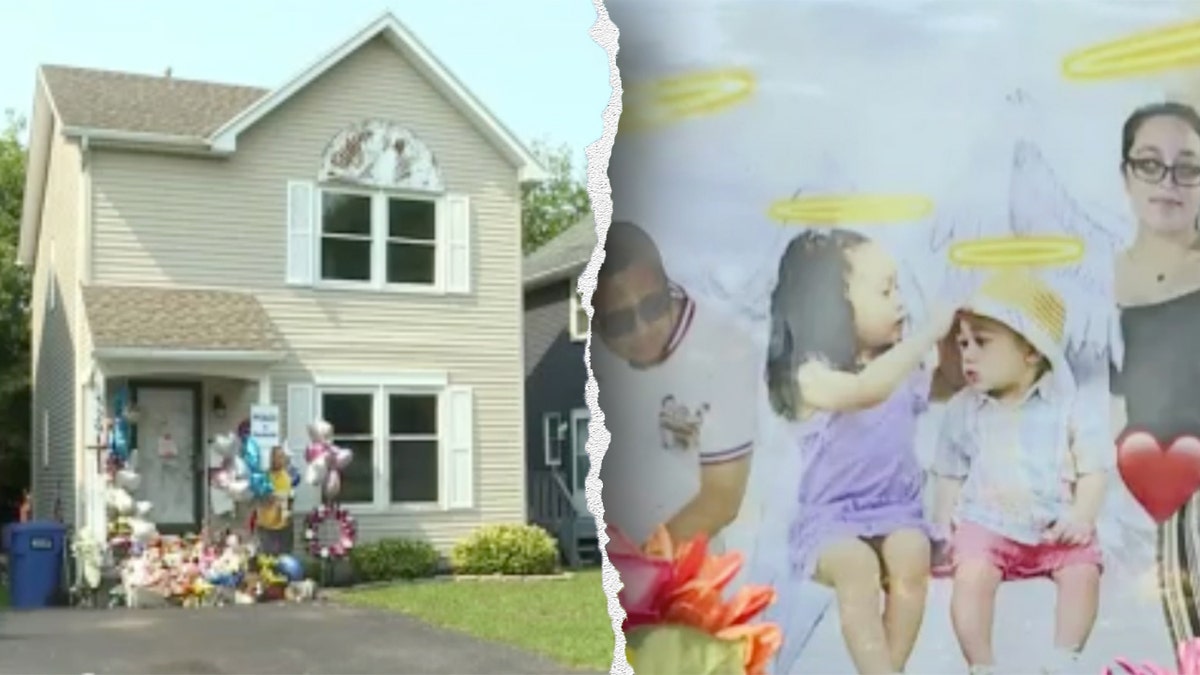 Moreno family home on Knapp street with vigil, left, Moreno family photo with added halos, right