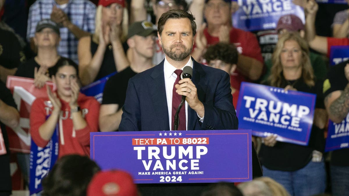 Republican vice presidential candidate Sen. JD Vance, R-Ohio, speaks during a campaign event Saturday, Sept. 28, 2024, in Newtown, Pa. (AP Photo/Laurence Kesterson)