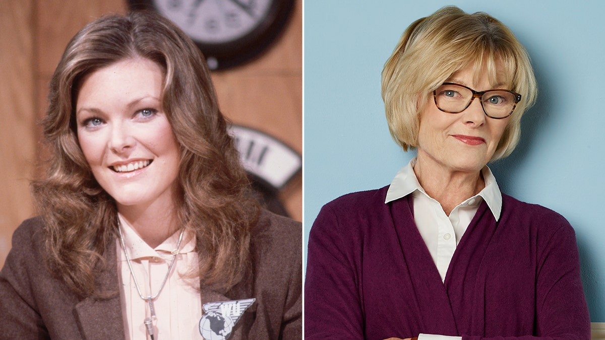 fotos paralelas de Jane Curtin en "SNL" y foto promocional de Jane Curtin