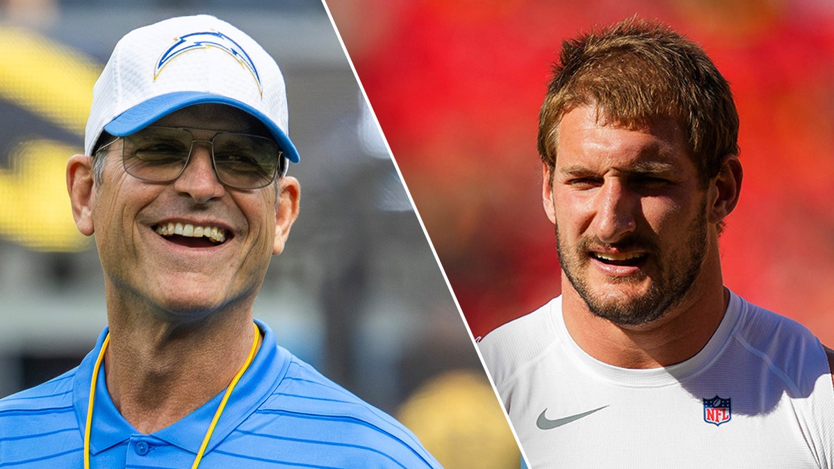 Jim Harbaugh e Joey Bosa lado a lado