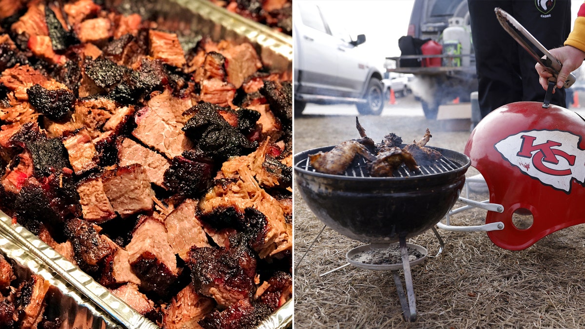 Split image of Kansas City's burnt ends and a Kansas City Chiefs fan grilling outside Arrowhead Stadium before a football game.