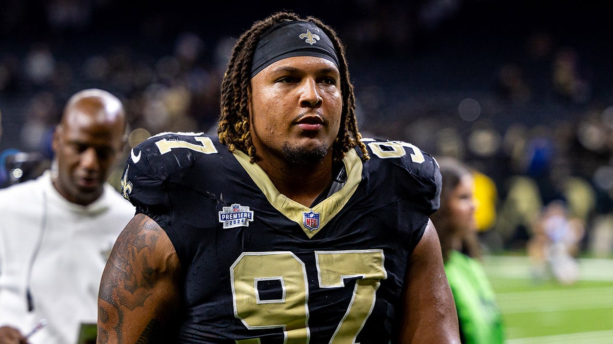 New Orleans Saints defensive tackle Khristian Boyd, #97, heads to the locker room after the game against the Carolina Panthers at Caesars Superdome in New Orleans on Sept. 8, 2024.