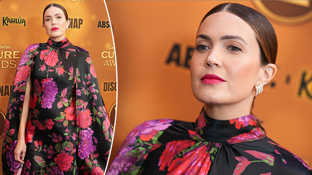 Mandy Moore in a black floral patterned dress shows off her baby bump split, a close-up of Mandy in the same outfit on the carpet