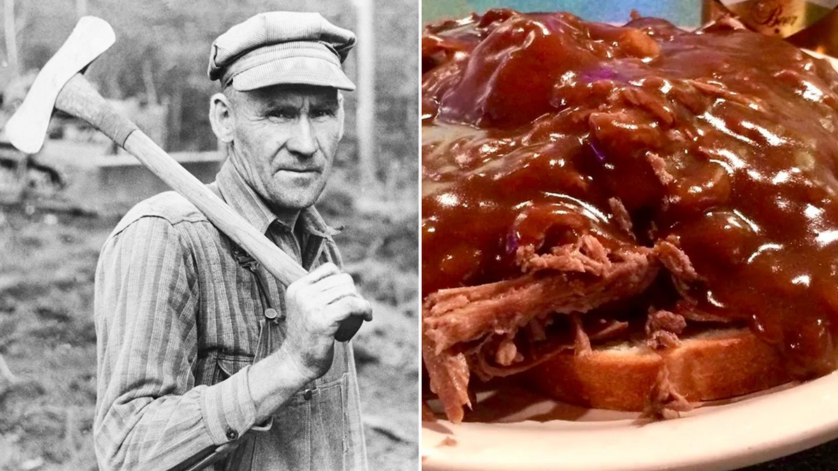 Un leñador de Minnesota es fotografiado en 1939. Una fotografía en primer plano muestra el clásico anuncio de carne caliente de Minnesota.