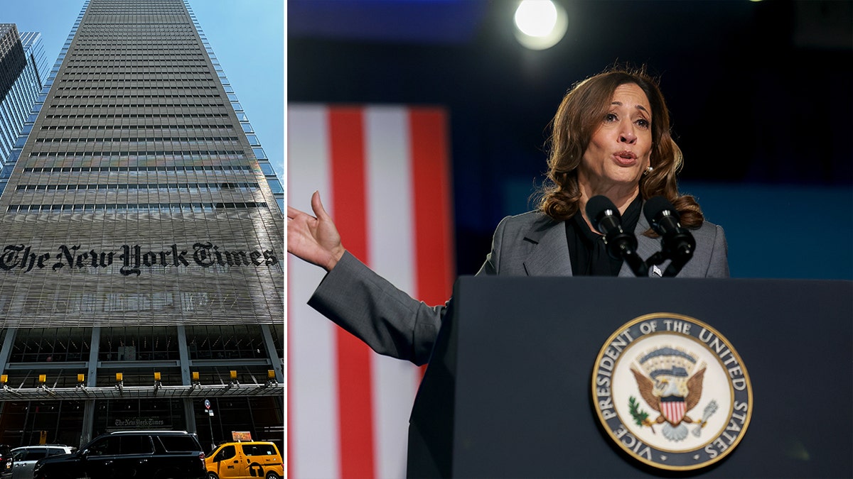 El edificio del New York Times y la vicepresidenta Kamala Harris