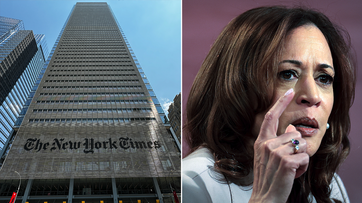 The New York Times building and the split image of Kamala Harris