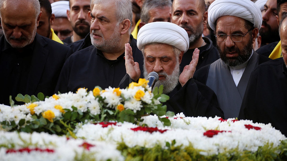 Naim Qassem leads prayers at the funeral