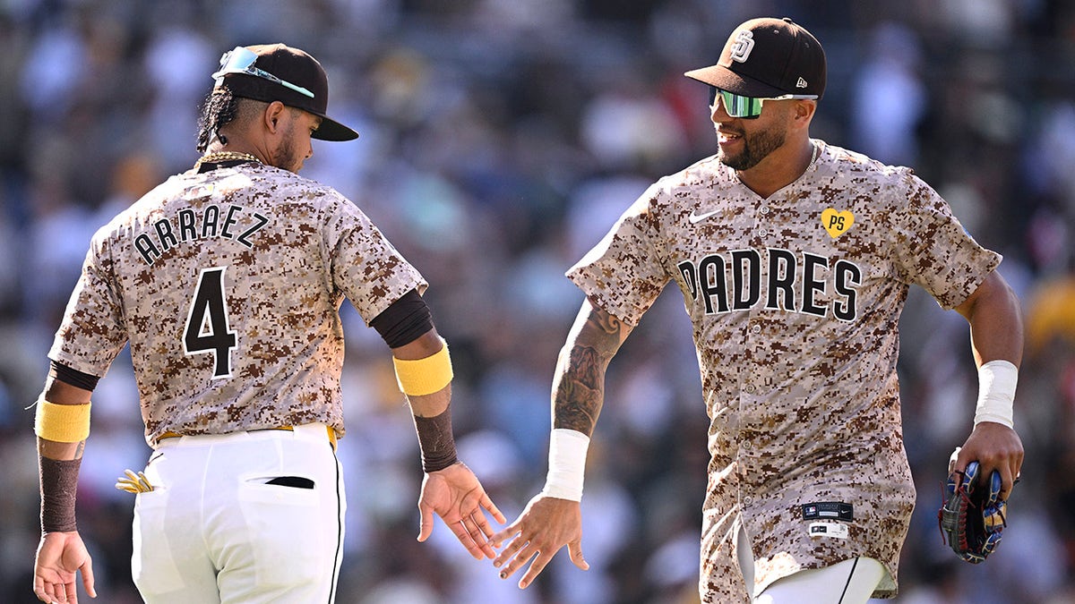 Luis Arraez and David Peralta high five