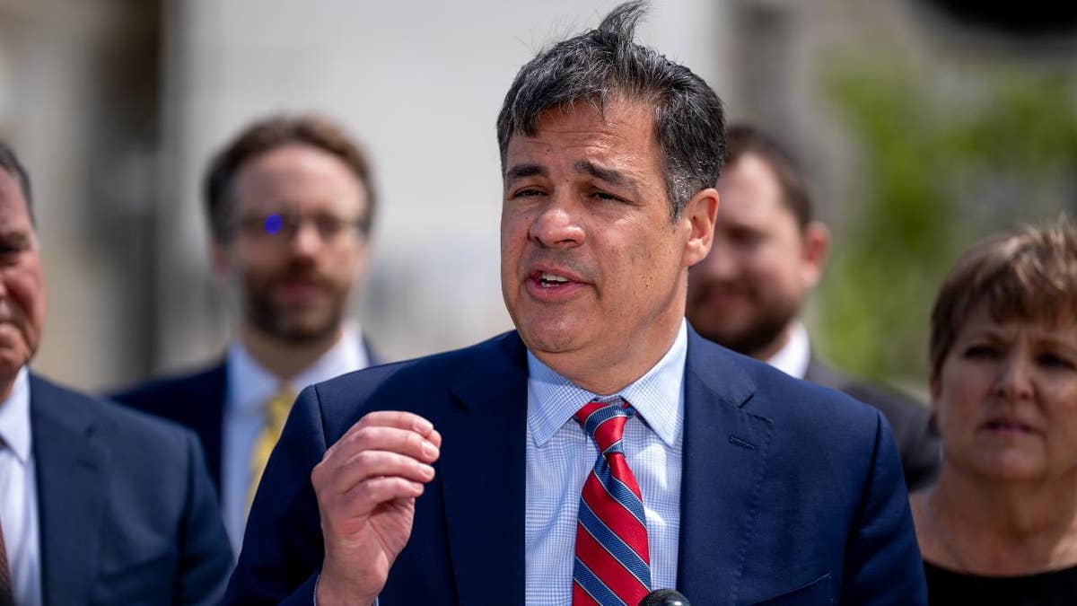 WASHINGTON, DC - APRIL 24: Idaho Attorney General Raul Labrador speaks outside the Supreme Court on April 24, 2024 in Washington, DC.