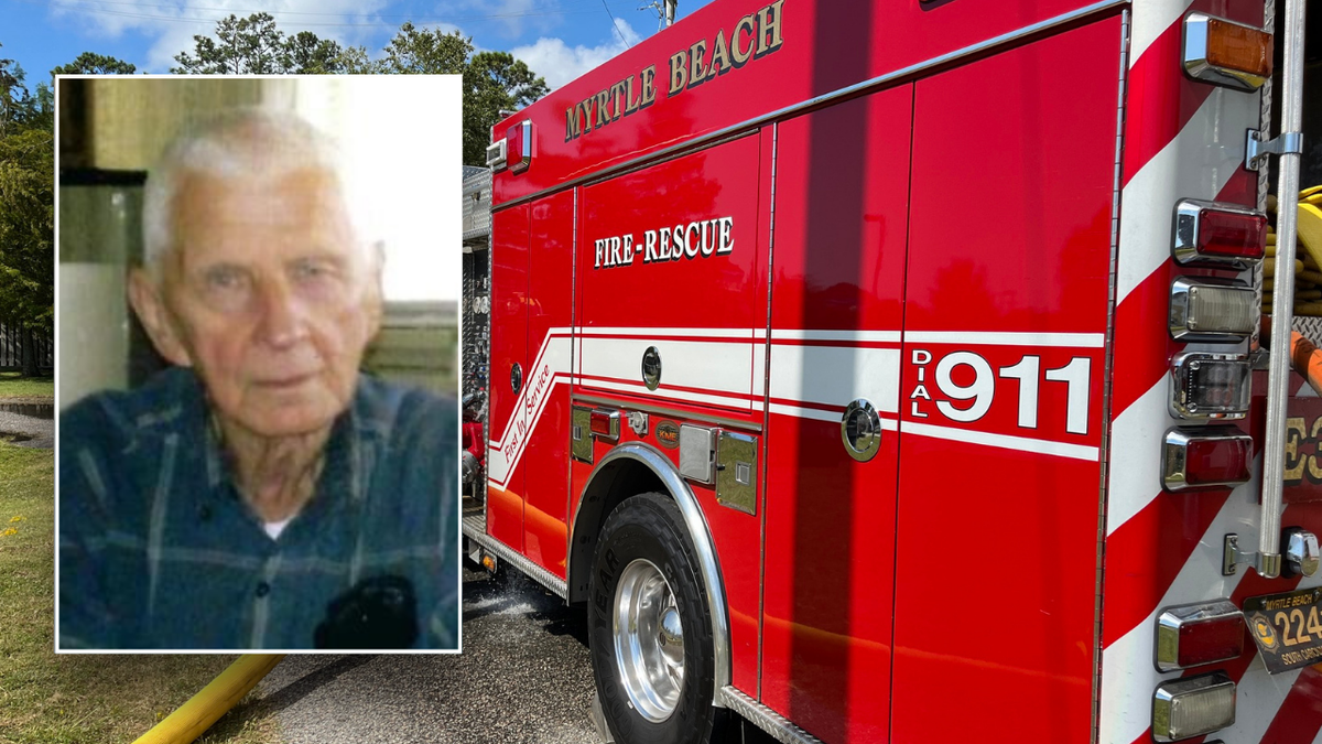 Split image of Pulkkinen with Myrtle Beach Fire Department vehicle