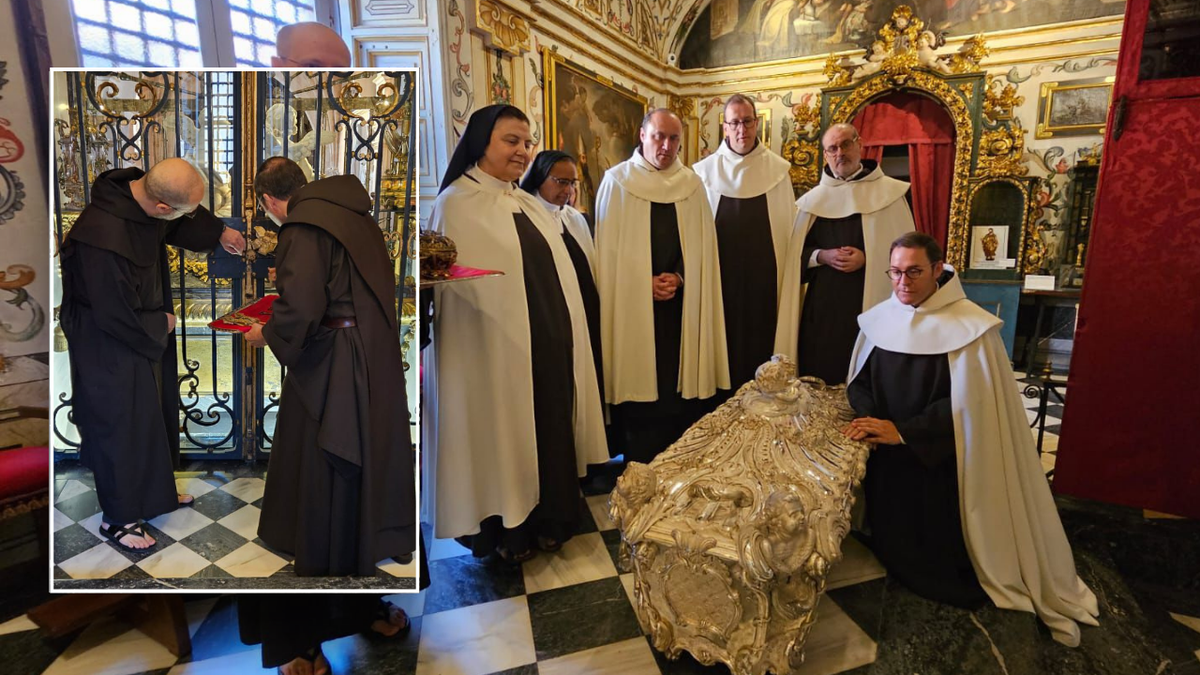 Split images of priests standing near tomb