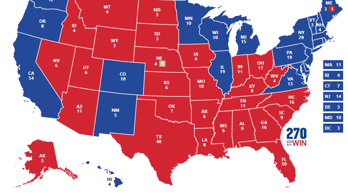 mapa electoral coloreado en rojo para Trump, azul para Harris