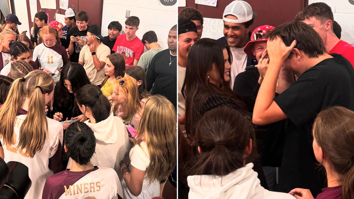 Fotos de lado a lado de Selena Gomez firmando autógrafos para el equipo de voleibol del Instituto Telluride