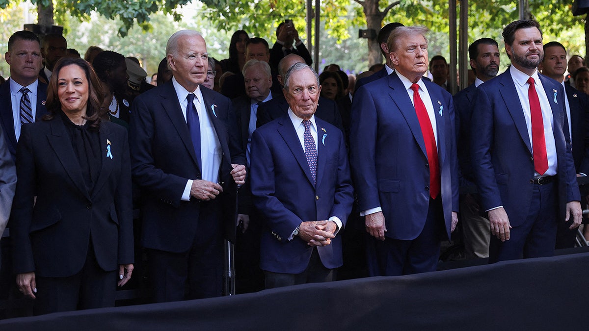 Donald Trump, JD Vance, Joe Biden, Kamala Harris, Chuck Schumer and Michael Bloomberg join in a moment of silence during a ceremony marking the 23rd anniversary of the September 11, 2001 attacks