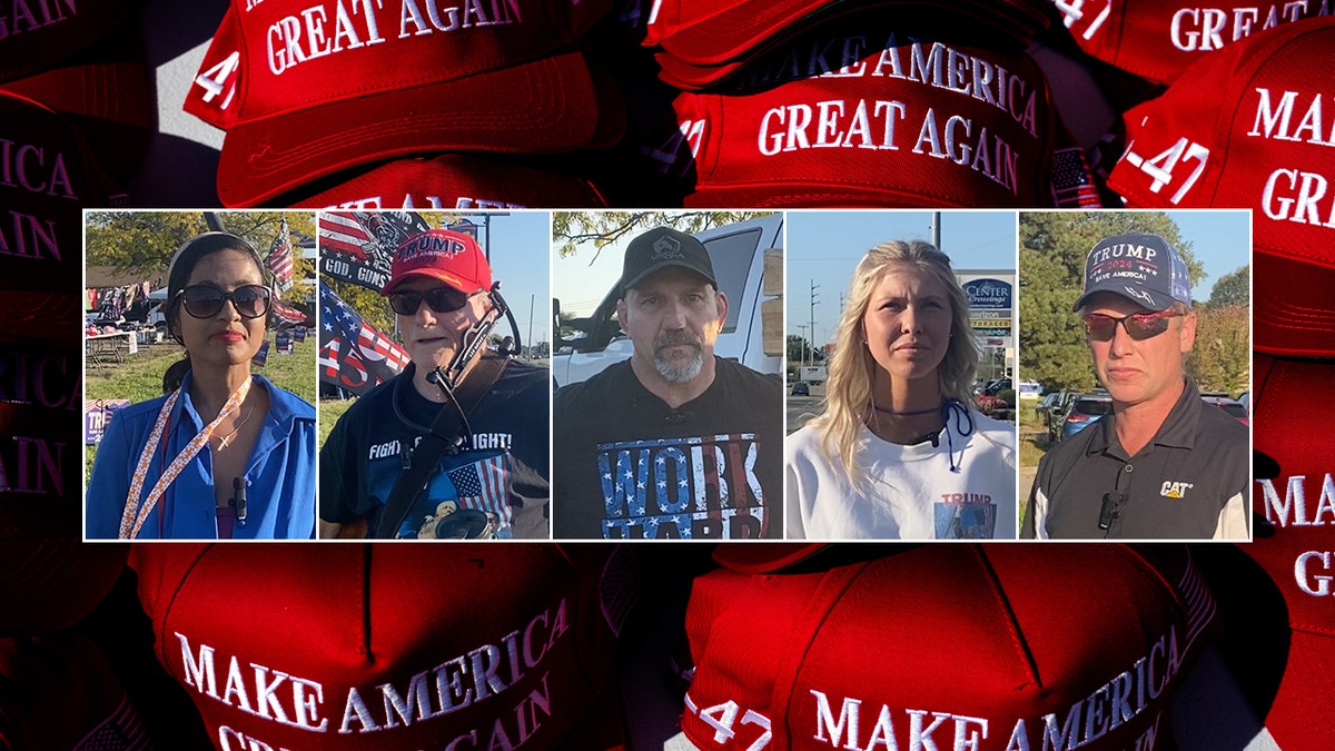 Montaje de los asistentes al evento de Trump contra el fondo de una gorra roja de MAGA