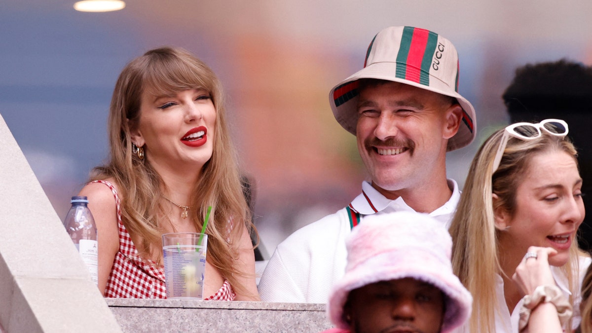 Taylor Swift and Travis Kelce are each  smiles during the last  time  of the U.S. Open, Sept. 8, 2024.