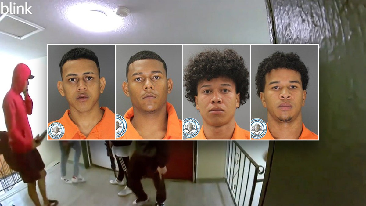 Four photos of Tren de Aragua gang members, inset, surveillance footage from Romero's apartment in Aurora, background