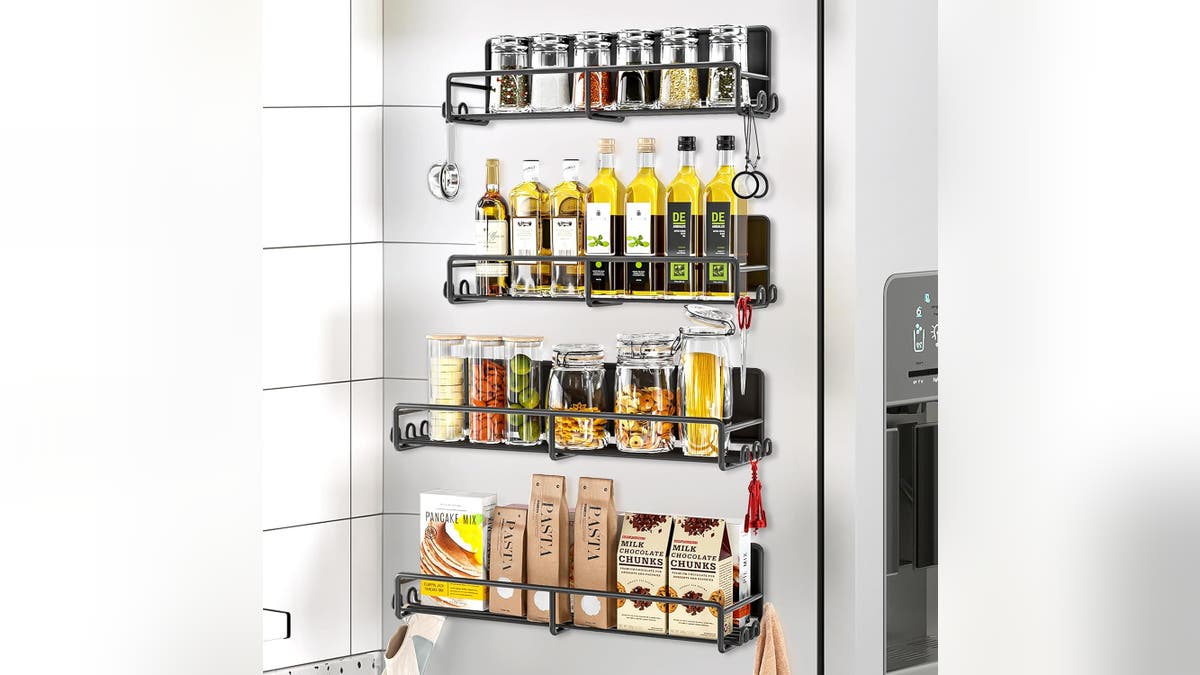 Magnetic racks are great space savers in the kitchen.