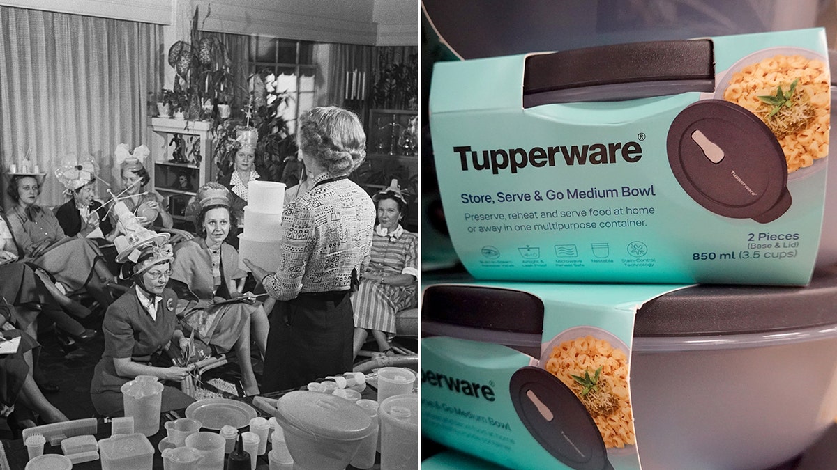 Festas de Tupperware eram uma tendência comum em 1955, à esquerda. Hoje, Tupperware é uma visão comum nas prateleiras das lojas.