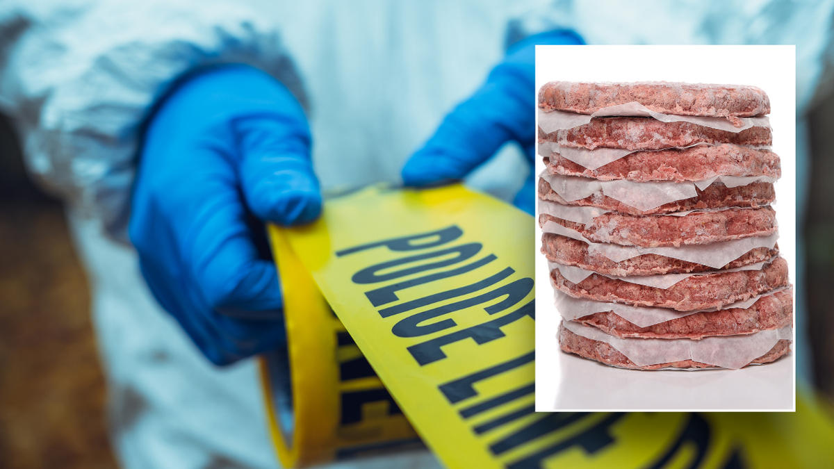 Imagen dividida de hamburguesa congelada y forense