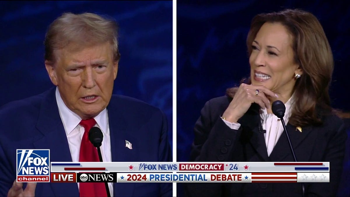 Debate split screen with Trump, left, Harris on right