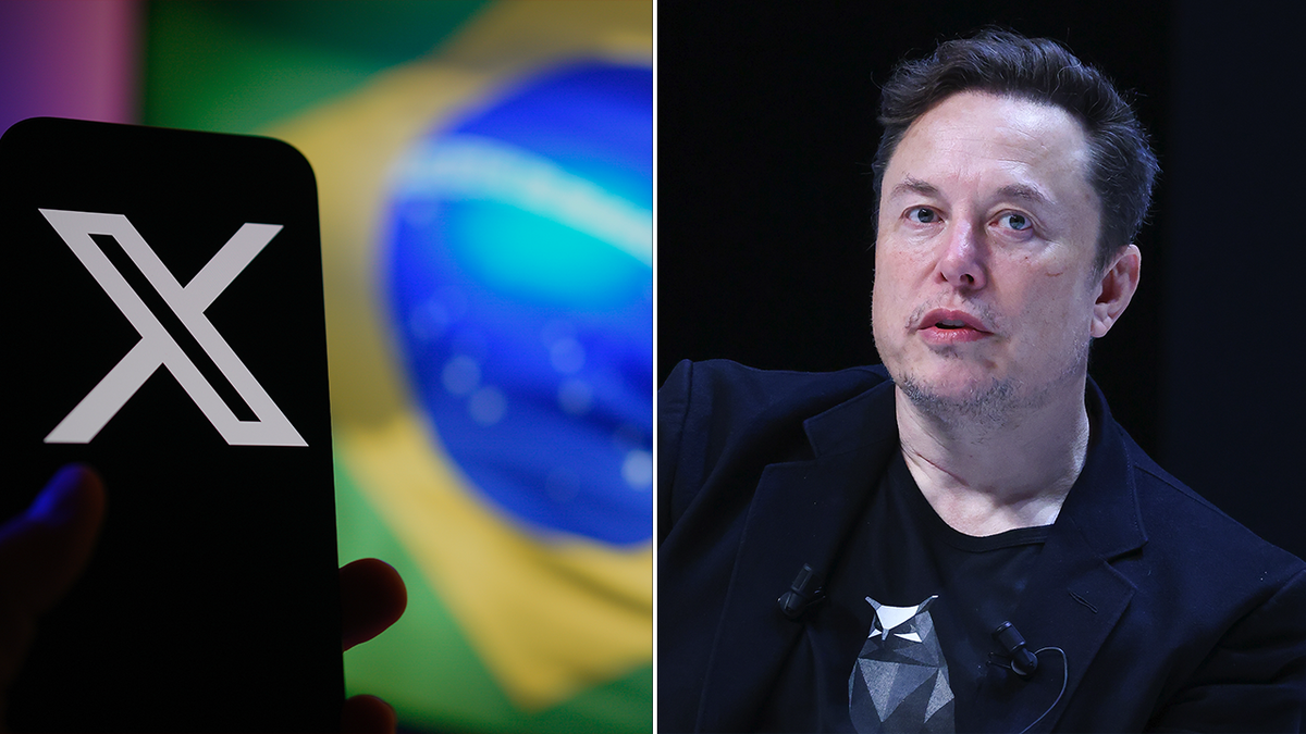 X, Brazil flag and Elon Musk split image