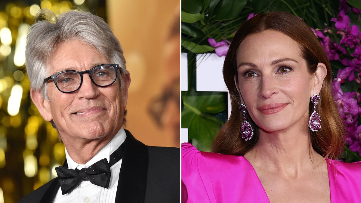 Eric Roberts in a classic tuxedo looks to his left slightly soft smiling, while Julia Roberts in a hot pink dress looks to her right