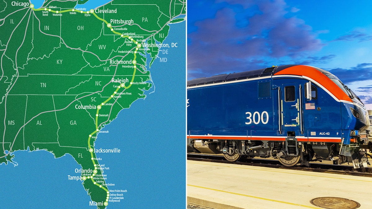 A split image of a map of an Amtrak route and an Amtrak train.