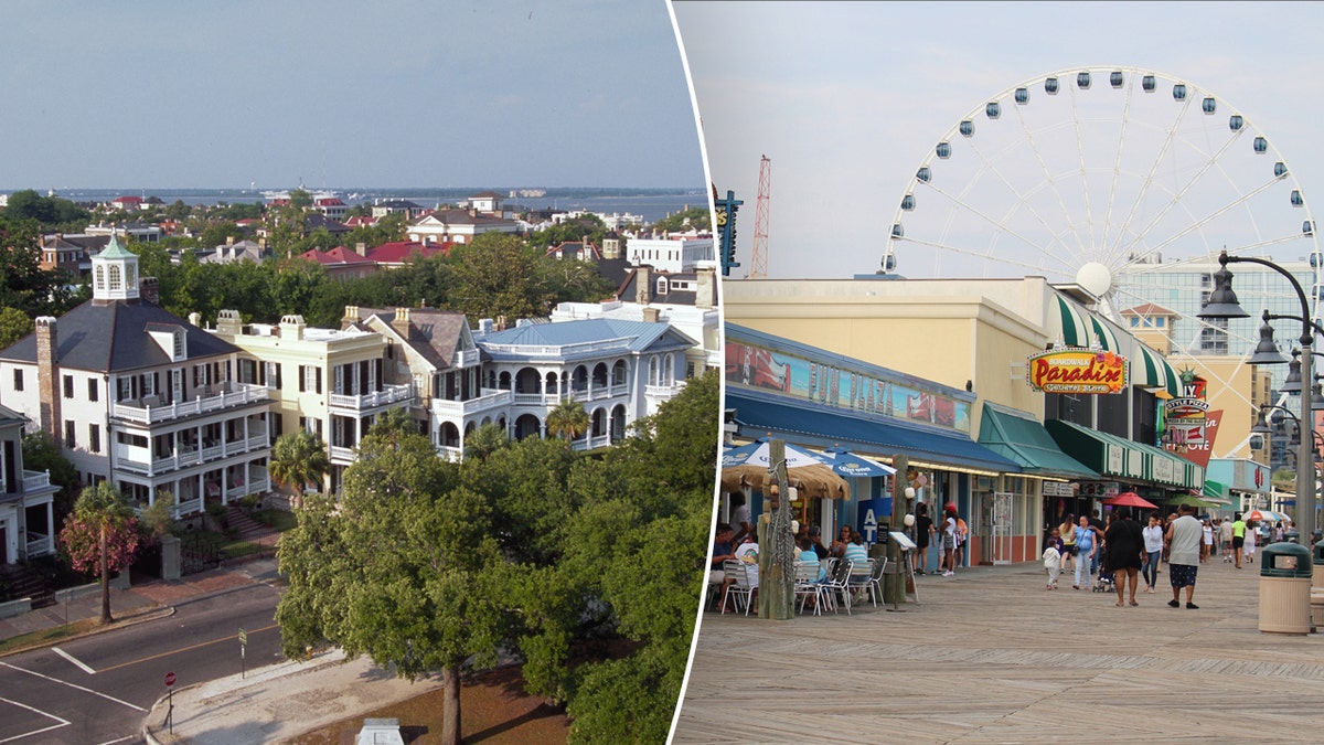 Casas en la calle Battery de Carolina del Sur y el paseo marítimo de Myrtle Beach