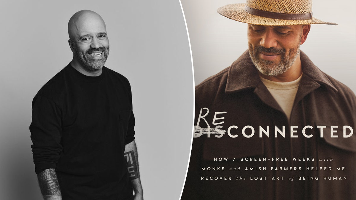 A picture of Carlos Whittaker, a bald man with a beard in a black shirt, split with the cover of his latest book, "Reconnected."