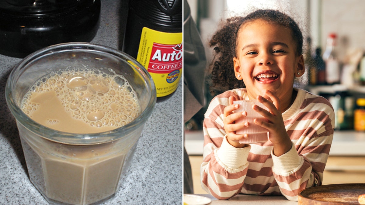 Un café con leche partido con la imagen de una chica sosteniendo una bebida.