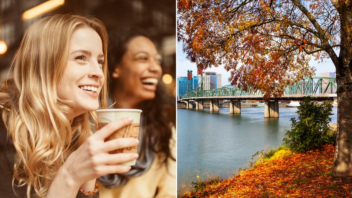 Drinking coffee and fall landscape