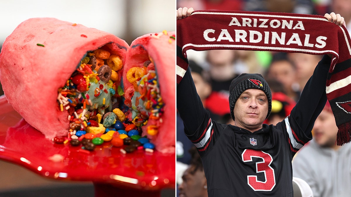 Una imagen dividida de un burrito de algodón de azúcar con un hombre que sostiene una bufanda de los "Arizona Cardinals".